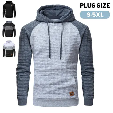 Men's Pullover Hoodies Plaid Jacquard Long Sleeve Drawstring Hipster Casual Hooded Sweatshirts with Kanga Pockets Large Size Casual Drawstring Hoody Top Fashion Athletic Hoodies Breathable Menswear【S-5XL】