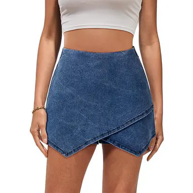 luvamia Jean Skorts for Woman High Waisted Pull On Casual Oversize Stretchy Denim Wrap Skirt with Shorts Trendy Asymmetrical Skort country concert outfits Basic Womenswear,back to school shopping