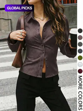 Women's V-Neck Button Front Blouse, Long Sleeve Slim-Fit Casual Shirt, Striped Pattern, Spring & Fall Fashion, Daily Wear