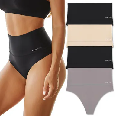 FINETOO Women High Waist Seamless Thongs Tummy Control Underwear Soft Stretchy Bikini Panties No show T-back S-3XL Comfy Womenswear 4pcs Springtok