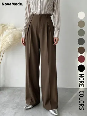 Women's Essential Solid Color Plicated Pocket Wide Leg Pants, Elegant Zipper Fly Trousers for Work Office Business, Ladies Spring & Fall Clothes