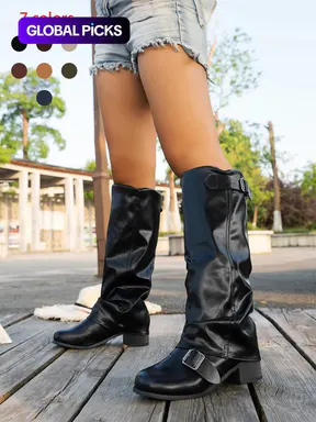 Women's Fashion Faux Leather Low Heel Boots, Casual Belted Knee High Boots, Round Toe Rubber Sole, Fall & Winter Style, Pull On Boots, Trendy Boots, Boots Shoes