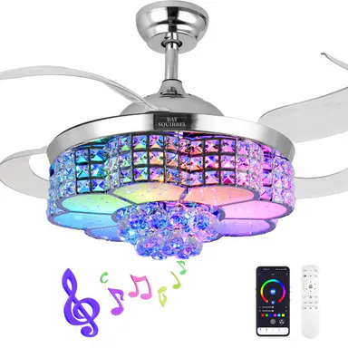 BAYSQUIRREL Retractable Crystal Ceiling Fan with Speaker, Remote/APP Control, 6-Speed Reversible RGB LED Lights, Adjustable LEDs, Color-Changing Nightlight, Cool Room Decor for Home (Bedroom, Living Room) Ideal Gift for Friends, Family,sohochic