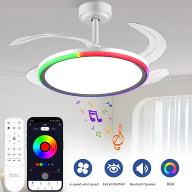 BaySquirrel 42-Inch Slim Invisible Indoor Ceiling Fan-Light Combo, 6 Retractable Blades, 6-Speed Airflow, Reversible, Dimmable RGB Color Shift, Remote & App Control, 24-Hour Timer, Plastic & Aluminium, 19.09\"l x14.96\"w x14.96\"h Smart Fan for Bedroom, Ever