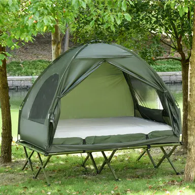 #tiktokshopbacktoschool Outsunny Single & Double Person Foldable Camping Cot with Tent, Bedspread, Thick Air Mattress, 4-In-1 Elevated Camping Bed for Outdoor Hiking, Picnic, Travel