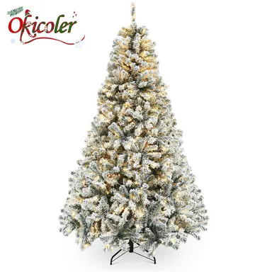 6Ft Pre-lit Artificial Christmas Tree with 250 Incandescent Warm White Lights, Snow Flocked Full Prelighted Xmas Tree W/850 Branch Tips, Foldable Stand, White Party Decorations Durable Materials Ornaments Backdrop