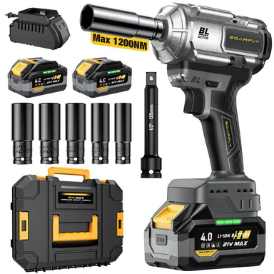 【1200N.m High Torque + Dual Battery】SOARFLY 1200N.m Impact Wrench, 2x 4.0Ah Batteries, Fast Charger, 3000RPM, 5 Sockets & 1 Extension Bar, For Car, Trucks Power Tool Rechargeable High Torque