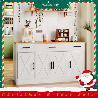Walsunny Kitchen Buffet Sideboard Cabinet with 4 Doors and 3 Drawers, Entryway Adjustable Storage Shelf, Farmhouse Coffee Bar Cabinet for Kitchen, White