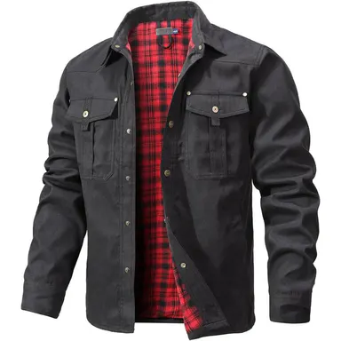 Zaitun Men's Classic Casual Plaid Flannel-Lined Shacket - Twill Shell, Brushed Lining, Cowboy Western Style, Pocket Design, Outdoor Tops for Back to School