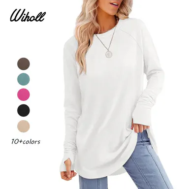 WIHOLL Women's Casual Tunic Tops to Wear with Leggings, Long Sleeve Round Neck Spandex Shirt with Thumb Holes and Curved Hem, Longsleeves, Women's Tops, Fabric, Cuffed Sleeve Women's T-Shirts,clothes for back to school,first day of school outfits,sohochic