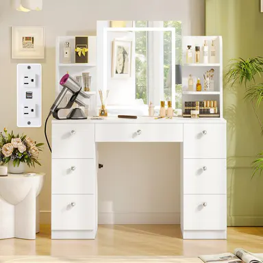 VOWNER Modern Makeup Vanity Table Set with 3-Color LED Mirror 7 Drawers & Power Strip for Bedroom & Bathroom 43-Inch White Dressing Table tiktokshopbacktoschool