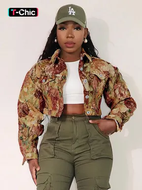 Women's Floral Print Crop Jacket, Casual Long Sleeve Collared Fashionable Outerwear for Fall & Winter, Daily Wear