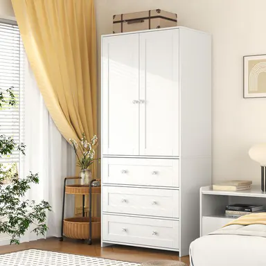 【Assembly Video Available】VOWNER Freestanding Wardrobe, 71\" High Bedroom Wardrobe with 2 Doors and 3 Drawers, With Hanging Rod, Bedroom, Living Room tiktokshopbacktoschool