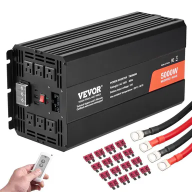 VEVOR 5000W Max Modified Sine Wave Portable Energy Efficient Inverter - DC 12V to AC 120V, 6 AC Sockets, 2 USB Ports, 1 Type-C Port, LCD Display, Remote Controller, Copper Cables, Multi-Outlets for High Load Home Appliances, Father's Day Gift, Socket, Por