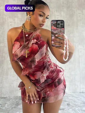 Women's Summer Strapless Belted Dress, Hip Frill Decoration, Fashionable Sexy Party Mini Dress, Elegant Backless Dress, Sleeveless Floral Print, Slim-Fitting, Elegant Romantic Dress