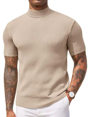 COOFANDY Men's Mock Turtleneck Sweater Short Sleeve Casual Basic Tops Ribbed Knit Pullover Solid Tee