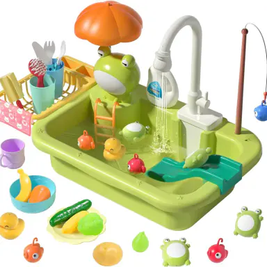 Cute Stone Unisex Play Kitchen Junior Kids Toys Set - Pretend Sink with Running Water, Upgraded Electric Faucet, Realistic Play Food, Frogs, Cooking Learning Kit with Batteries, Cool Gifts for Spring Day, 6-8 Years, Drain Rack Detaches