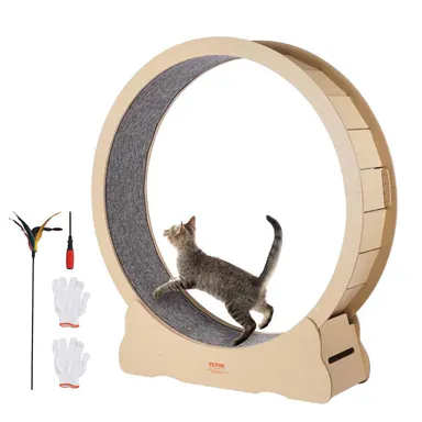 【Summerfinds】VEVOR Wooden Cat Exercise Wheel 52\" Large Cat Treadmill Wheel for Indoor CatsCat Running Wheel with Detachable Carpet & Cat Teaser for Running/Walking/TrainingSuitable for Most Cats
