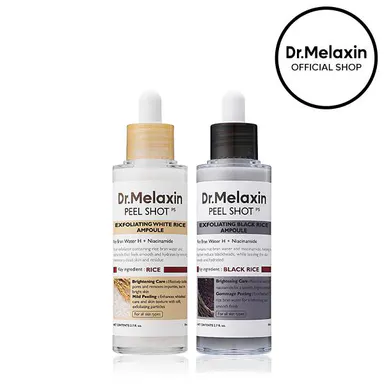 [Dr.Melaxin Official] Peel Shot Glow Rice Duo, 2-Piece | White Rice + Black Rice Exfoliating Ampoule | Gentle Face Exfoliator for Glass Skin, Smooth Texture & Blackhead Care | Korean Skincare