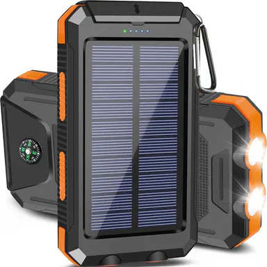 20000mAh Portable Solar Charger Emergency Power Bank (Phone Accessories, EDC Gear, Everyday Carry) - Dual USB-A Output, LED Flashlight, Waterproof Outdoor Design with Compass, Clip, Carabiner, Battery Anxiety Solutions (TikTok Shop Back to School)