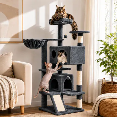 【On Sale】Yaheetech 54\"/57''/63\"/79\"/82\" Cat Tree Multilevel Cat Tower with 2 Condos & Dangling Ball & Round Platform & Ladder