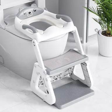 Orzbow 2-IN-1 Kids Potty Training Toilet Seat with Step Stool & Ladder - Adjustable Height, Waterproof PVC Cushion (Feels Soft & Resilient), Extended Pedal, Extra Splash Guard, Anti-Slip Pad, 165lbs Capacity, Grey (No More Mess, Back to School),sohochic