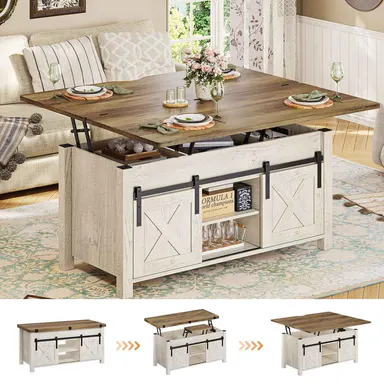Sedeta 4-in-1 Country Rustic Distressed Oak Farmhouse Style Coffee Table - Lift-Top Convertible Living Room Furniture with Storage Spaces, Hidden Compartment, Sturdy Legs,dorm essentials,home decor