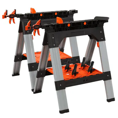 #BacktoSchool PONY 2-Pack Clamping Sawhorses, 1200 LBS Load Capacity, 30-3/4\" Folding Sawhorse with 12” F Clamps, Bench Dogs, Angle Clamps, 2\" Spring Clamps, Steel Legs, Heavy Duty for Woodworking