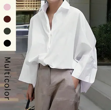 UOOZEE Tops for Women, Solid Long Sleeve Oversized Collared Blouse, Chic Polyester Shirt for Business Casual Office Outfits, Jeans, Women's Fashion, Polyester Clothes, Fashion Apparel, Minimalist, Stylish Women's Wear