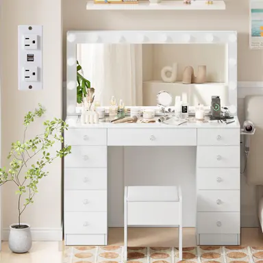 VOWNER Vanity with 10x Magnifying Mirror, With GlassTop & Power Outlet, 3 Color Light Options, 46\" Vanity Table with 11 Drawers&Stool, Bedroom, White