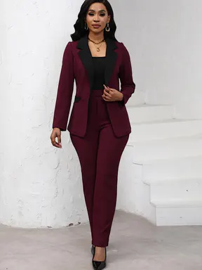 Women's Colorblock Blazer & Straight Leg Pants Set, Elegant Two-piece Set for Work Office Wear Essential Business Attire, Ladies' Suits for All Seasons