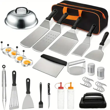 33PCS Griddle Accessories Kit, Flat Top Grill Accessories Set for Blackstone and Camp Chef, Grill Spatula Set with Enlarged Spatulas, Basting Cover, Scraper for Outdoor BBQ Fathersdaygift Utensils tiktokshopspringglowup Summervibes