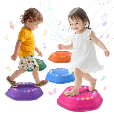Holyton 5 Pcs Non-Slip Music & Light-Up Sensory Stepping Stones for Kids Toys - Stability, Creativity, Balance-Building, Indoor-Outdoor Playtime Gift with Soft Colorful Design, Safety, Batteries Included