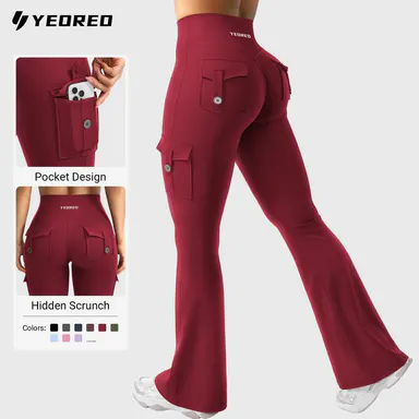 YEOREO CoreFlex Women's Leggings - High Waisted, Hidden Scrunch, Flare Leg, Cargo Pockets, No Front Seam, Buttery Soft, UV-Protective, 28\"/30\"/32\"/34\" Inseam for Yoga, Gym, Leggings Women