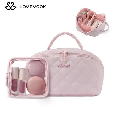 LOVEVOOK Travel Makeup Bag for Women,180° Lay-Flat Puffer Quilted Cosmetic Organizer,Portable Waterproof Toiletry Bag for Woman,Slanted Opening Make Up Bag for Everyday Use,TikTokShopBackToSchool