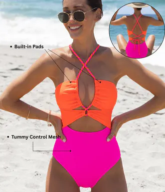 Popvil 【Run Half a Size Small】Sewn-in Pads Color Block Front Cutout One Piece Swimsuit, Tummy Control High Waisted Neon Swimsuit with Back Strap,Neon One Piece for Women