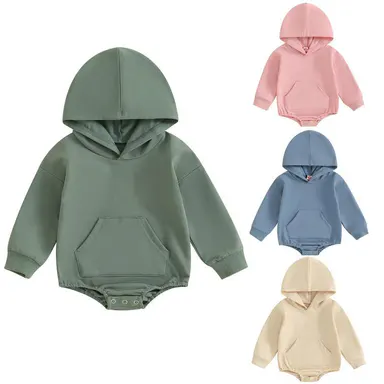 Baby Onesie Newborn Boy Girl Hooded Romper Long Sleeve Front Pocket Solid Color Bodysuit Infant Spring Fall Romper Toddler Outfit Cute, Newborn Baby Stuff