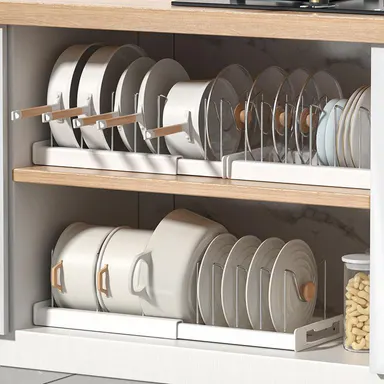 Pot Lid Organizer Rack - 7 Compartment Kitchen Utensils Holder, Single Unit Storage Organization for Cabinet & Countertop, Fits 7+ Pan Lids & Bakeware, Adjustable Kitchen Storage (White, Grey)