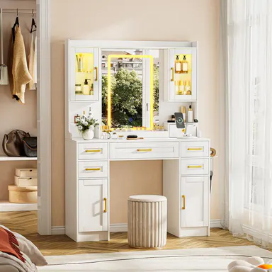 LHBcraft Makeup Vanity with 16 RGB Colors LED Lights, Adjustable Dressing Table with LED Lights, Vanity Mirror Desk with Ample Storage& Charging Station