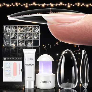 AILLSA 2.0 Built-in Curve Fit Clear Nail Tips Set, Mini UV Cure Lamp, 30g Strong Solid Nail Glue Medium Almond Full Cover Nail Extensions Thicker Acrylic Nails Pre-sculpted Press-On Nail gel x nail gift for Flat Nails TikTokShopBackToSchool sohochic
