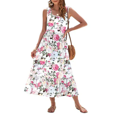 AUSELILY 2026 Womens Summer Dresses Sleeveless Maxi Dress Square Neck Casual Tiered Swing Dress with Pockets Summer Dress Sunshine Floral