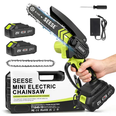 SEESE 6-Inch Mini Chainsaw Cordless, Portable Cordless Electric Chain Saw for Wood Cutting, Pruning, Gardening & Camping, 2000mAh Battery Included, Suitable for Seniors & Women