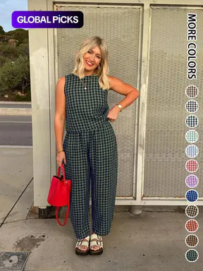 Summer New Women's 2 Piece Set Suits Womenswear Plaid Oversized Sleeveless Crop Top Loose Fit Pocket Nine-Tenths Pants, Beach Vacation Casual Daily Wear Clothes Matching Set Outfit #GLOBAL PICKS