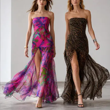 Women's Strapless Backless Mesh Patchwork Tropical Leopard Print High Slit Long Tube Dress - Lady's Fashion Apparel, Night Out & Club Outfits, Tropical Clothing, Polyester Party Dress