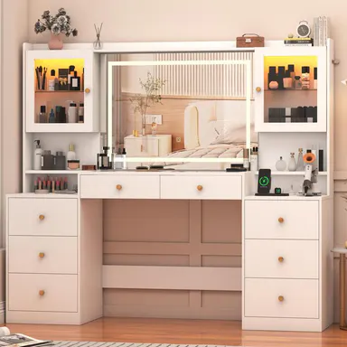 62\" Large Vanity Desk w/ Tempered Glass Top,60000-color LED Lights,Power Outlet, Make up Vanity w/ 3 Lights Mode LED Mirror,2 RGB Cabinet LED Vanity Table for Women,Girls (White/Black)