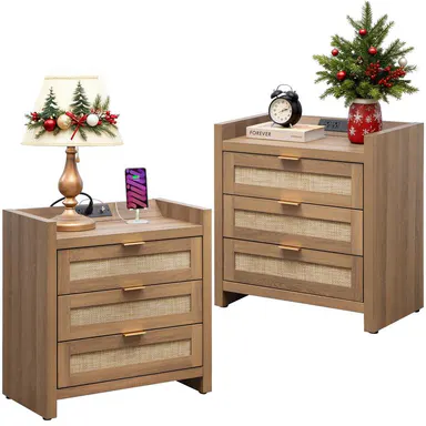 SICOTAS Larger Rattan Night Stand - 15.4\"D x 24.8\"W x 26.5\"H Nightstands with Type-C Charging Station, 3 Rattan Mesh Drawers, Usb port Boho Bedside Table End Table with Storage for Bedroom Sofa Couch Office, Robust and Stylish, Durable