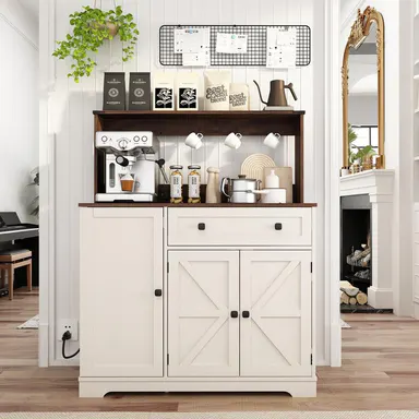 PieDle 39\" Rustic Coffee Bar Cabinet with Drawer, Charging Station & Adjustable Shelves, Kitchen Hutch Sideboard for Dining Room Storage