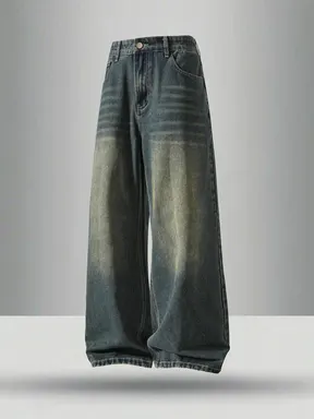 Men's vintage washed medium wash oversized loose straight-leg jeans, Casual Streetwear Jeans, casual four-season street style, zipper fly, plain pattern, Pocket, daily wear leisure denim trousers. If you prefer a looser fit, order one size larger.