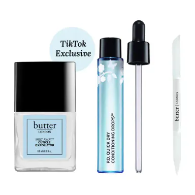 butter London Bye Bye Cuticle Trio Manicure Nail Clear - Quick Dry Conditioning Drops, Melt Away Cuticle Exfoliator, Signature 2-in-1 Glass Cuticle Pusher