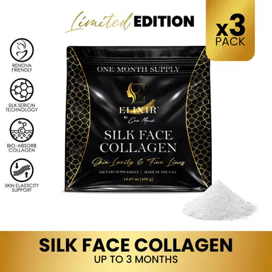 3 Pack of Cocó March Silk Face Collagen - Formulated for Face & Neck | Sericin-Activated Ultra Low Molecular Weight Collagen – Supports Skin Elasticity and Smooth Appearance – 14g Protein – 15.87 oz (450g) NO Taste-Dissolves Instantly